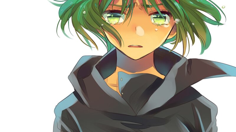 green-haired anime character crying