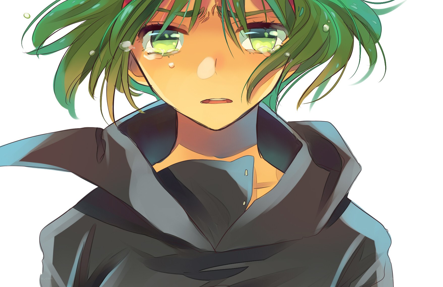 green-haired anime character crying