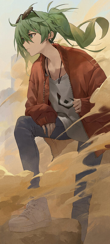 Green-haired Anime Character — Green, Dramatic, Digital Art, Sunglasses