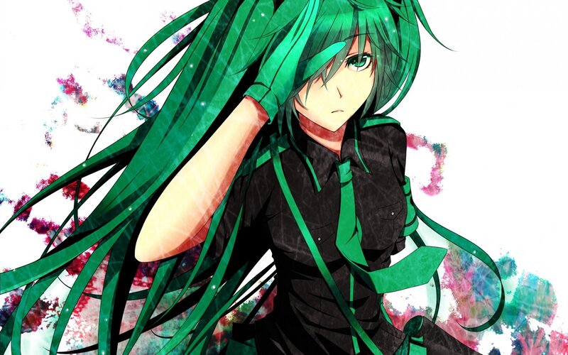 Green-haired Anime Character — Green, Dramatic, Long Hair, Black Shirt