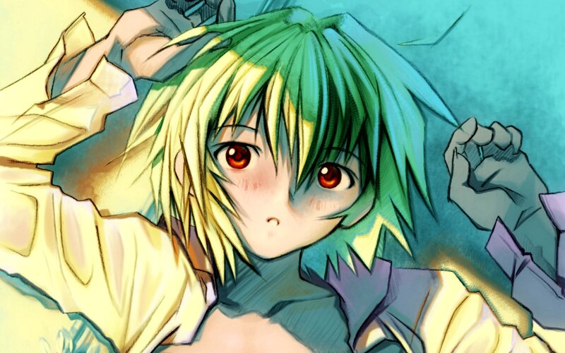 Green-haired Anime Character — Green, Dramatic, Manga, Red Eyes