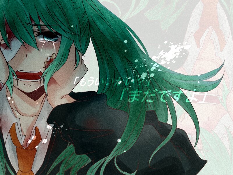 Green-haired Anime Character — Green, Dramatic, Tears, Blood