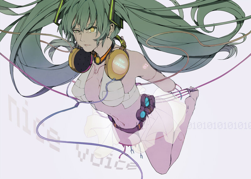 Green-haired Anime Character — Green, Dynamic, Digital Art, Headphones, Binary Code