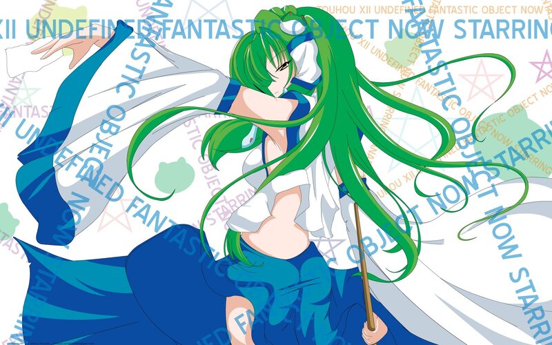 green-haired anime character in blue and white