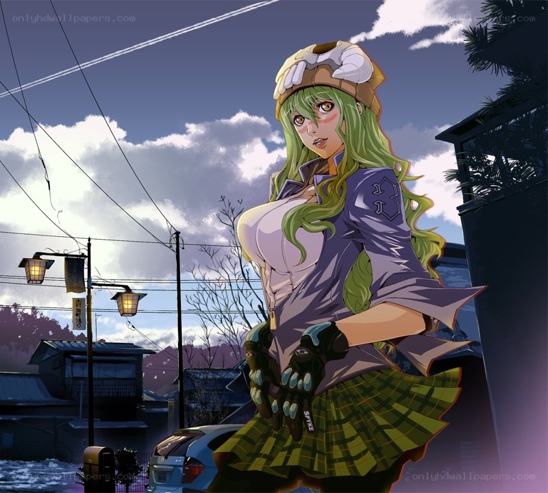 green-haired anime character in city