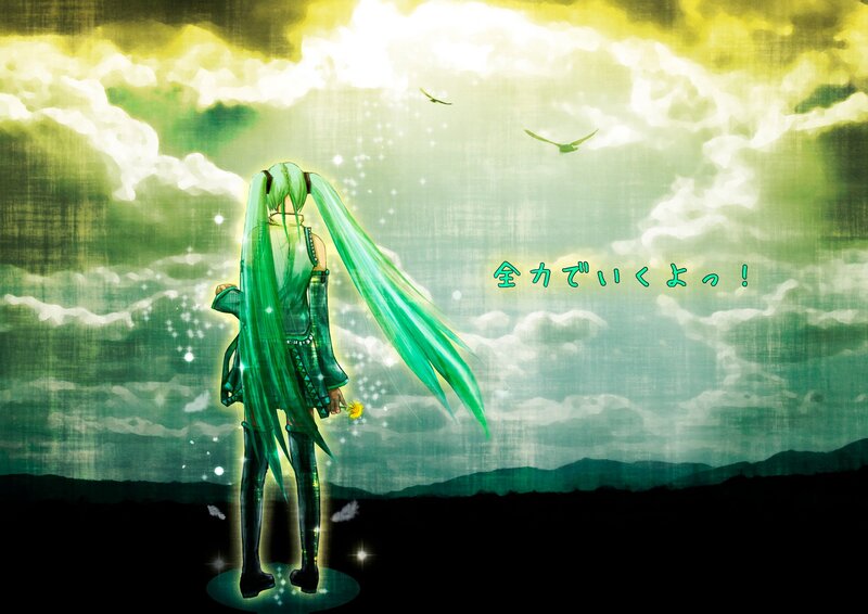 Green-haired anime character in field