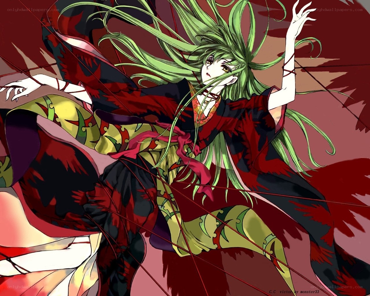 green-haired anime character in red kimono