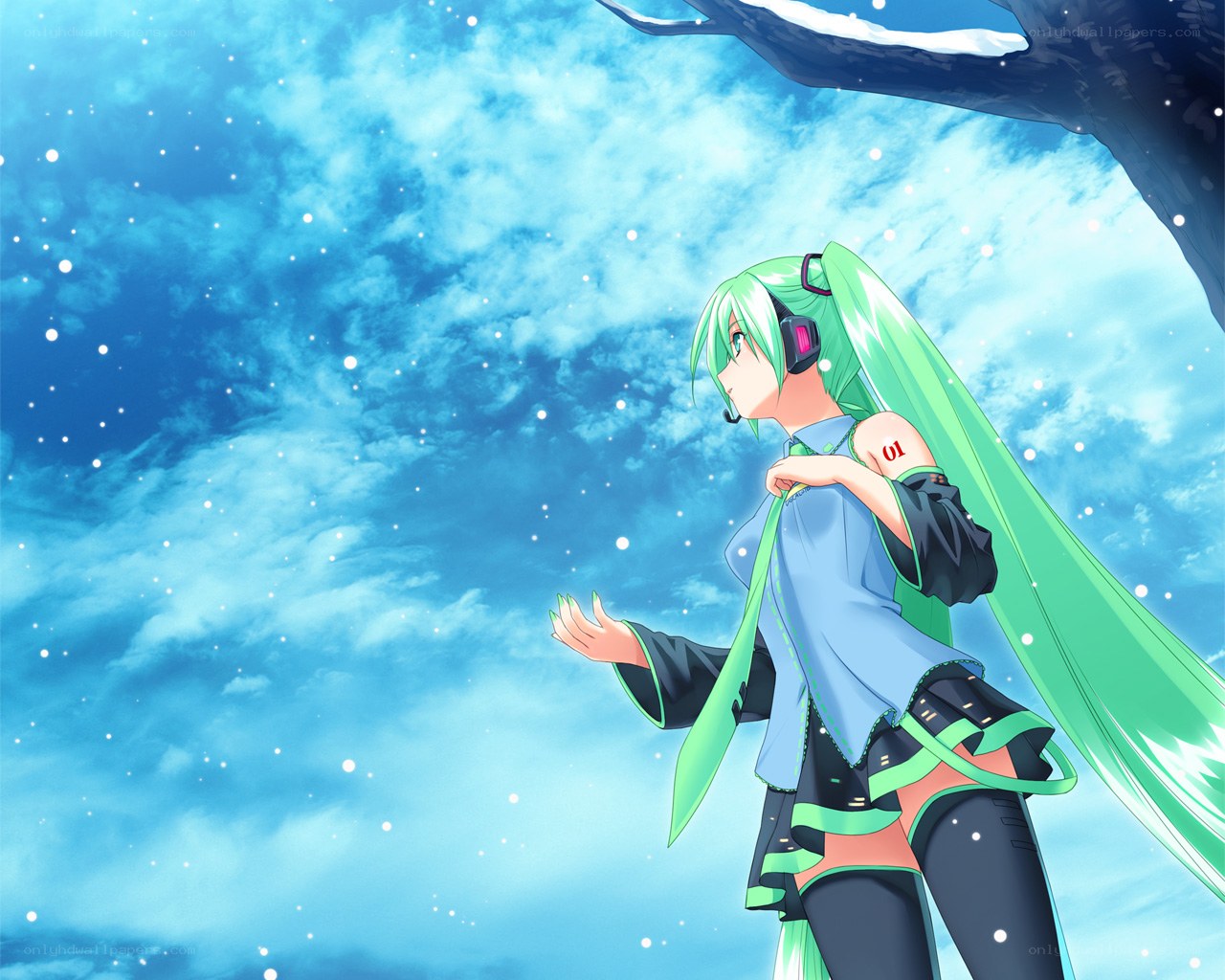 green-haired anime character in snow