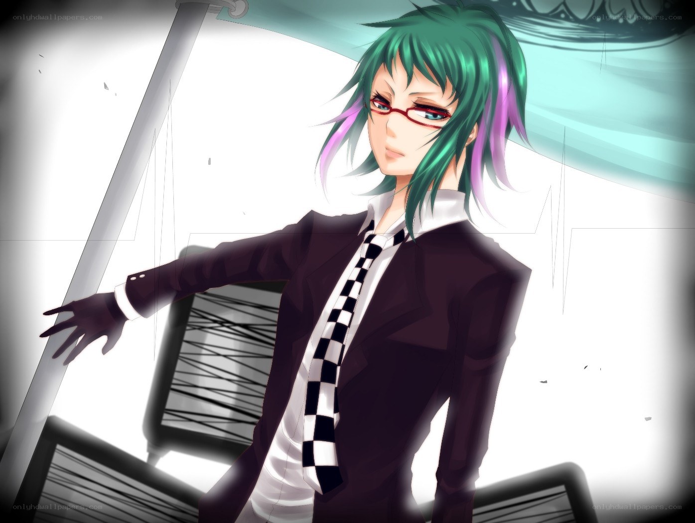 green-haired anime character in suit