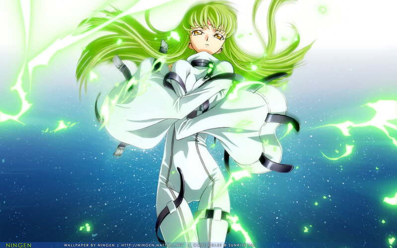 green-haired anime character in white suit
