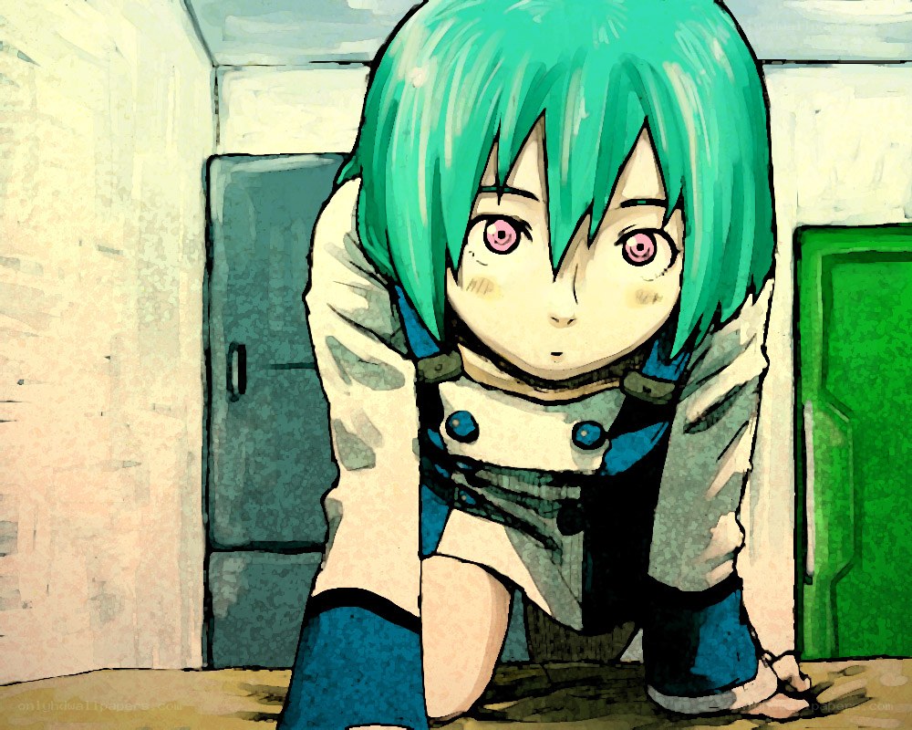 green-haired anime character kneeling