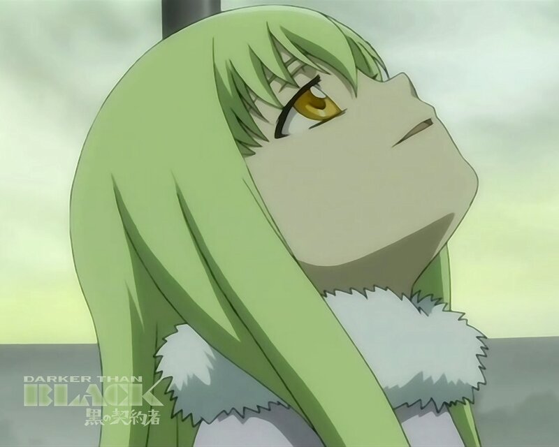 green-haired anime character looking up