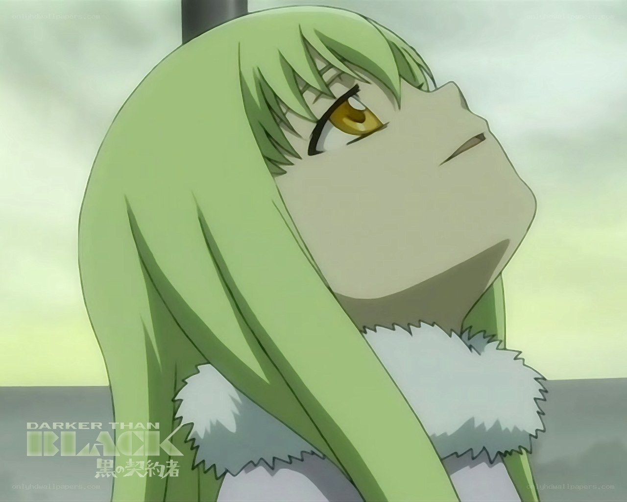 green-haired anime character looking up