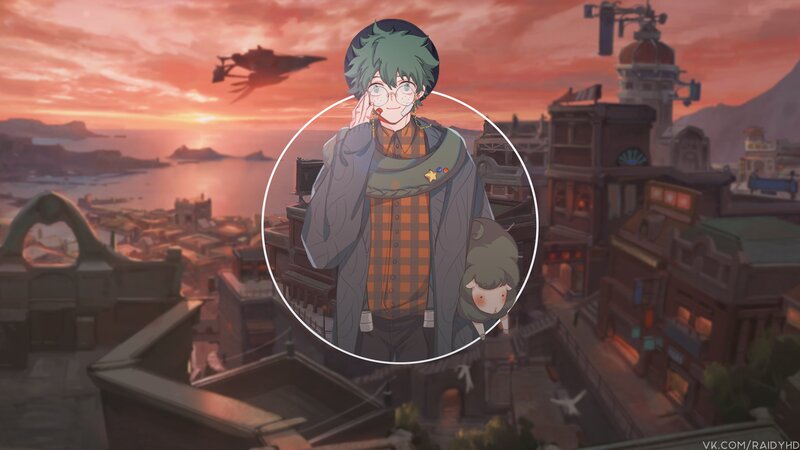 Green-haired Anime Character — Orange, Dramatic, Sunset, Cityscape