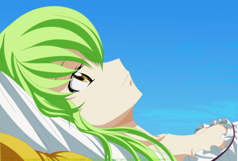 green-haired anime character resting