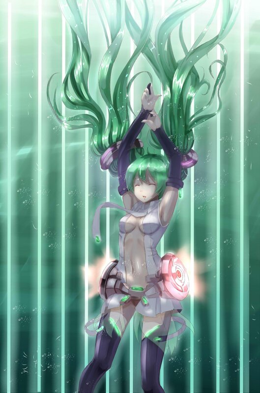 green-haired anime character underwater