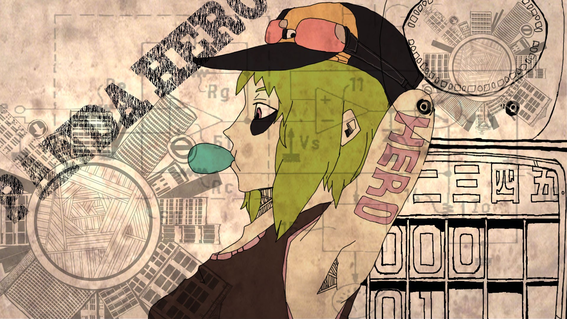 green-haired anime character with bubblegum