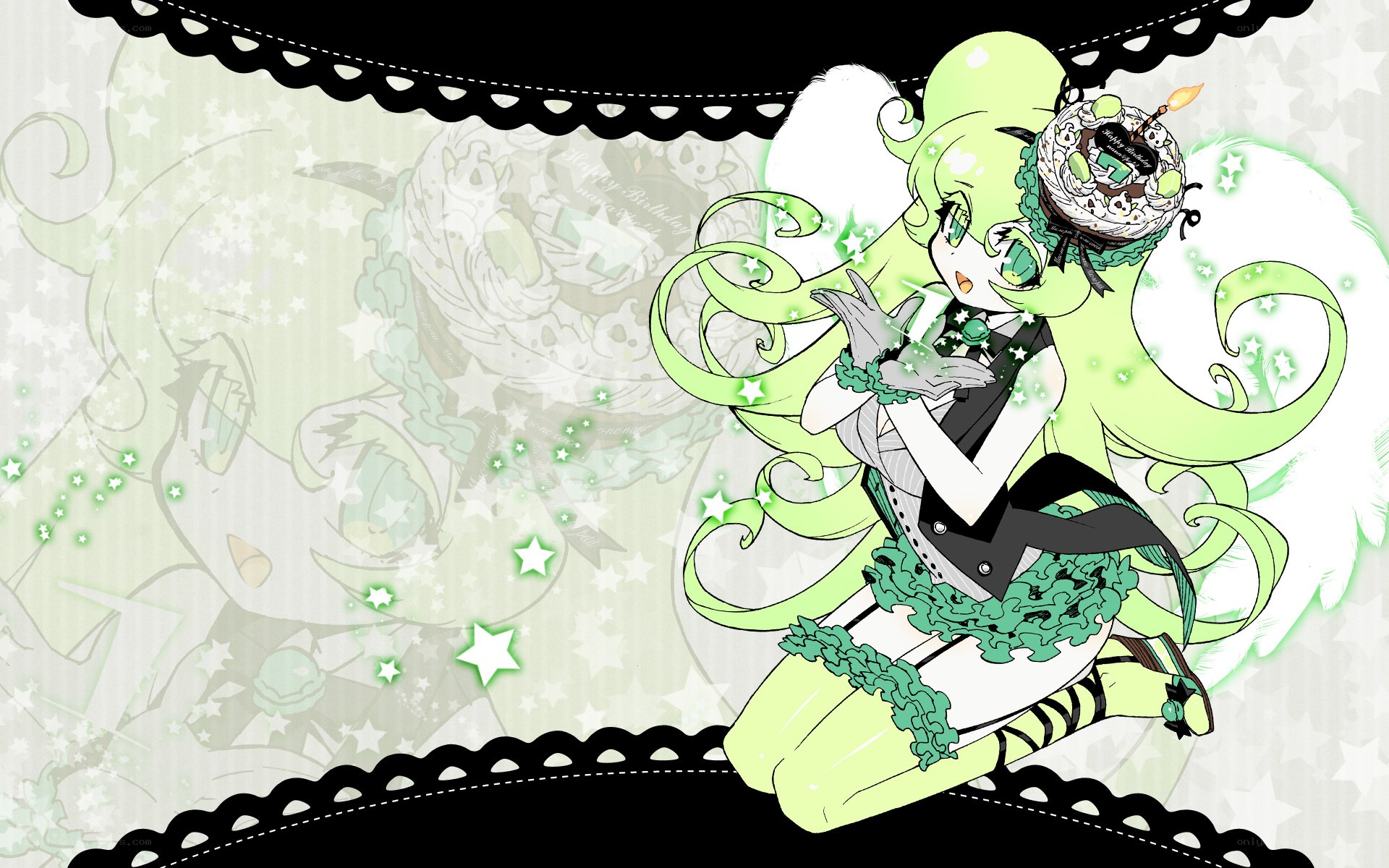 green-haired anime character with cake