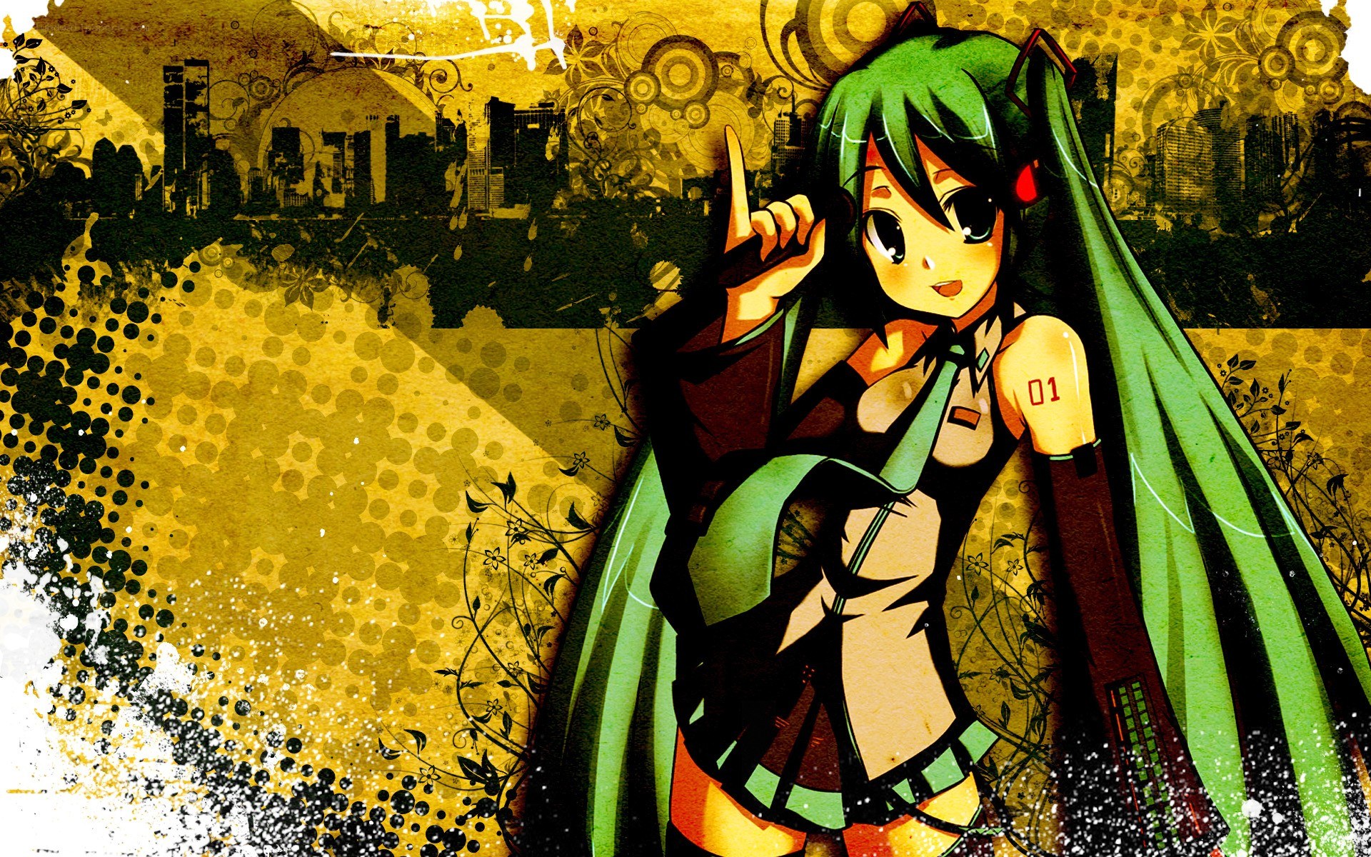 green-haired anime character with city background