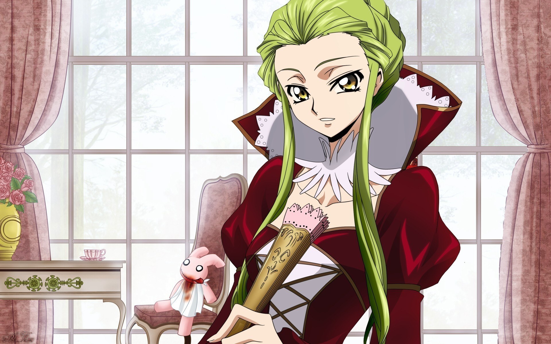 green-haired anime character with doll
