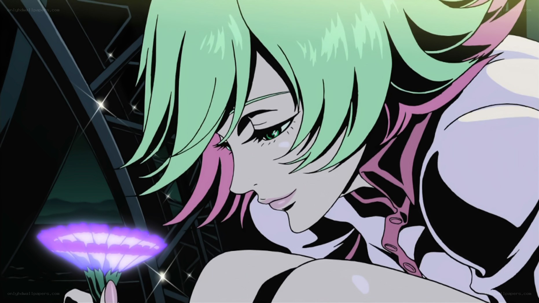 green-haired anime character with flower