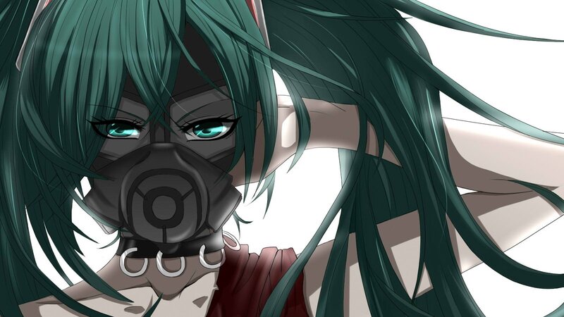 green-haired anime character with gas mask