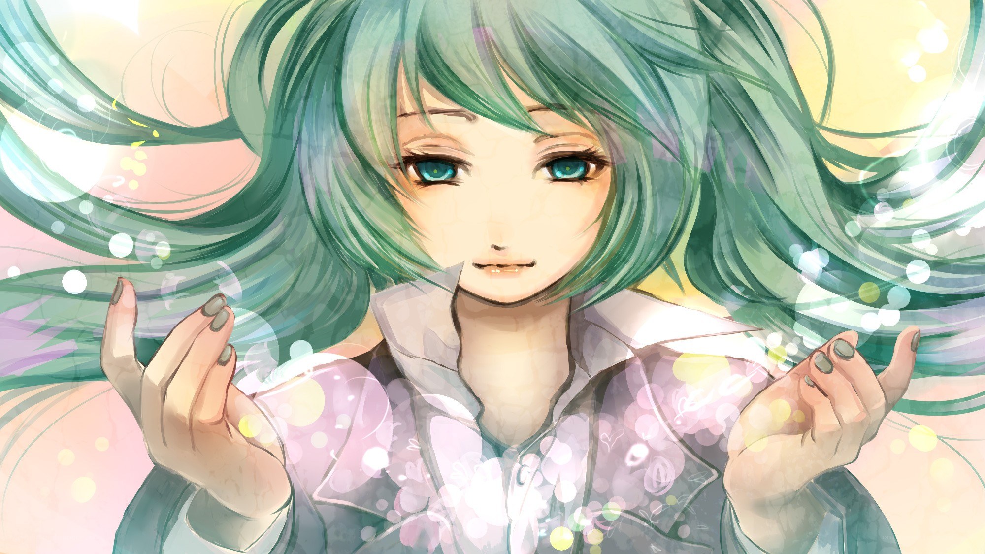 green-haired anime character with glowing hands