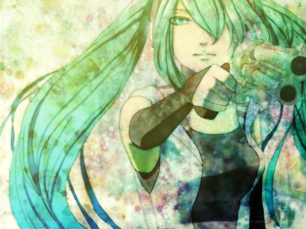 green-haired anime character with gun