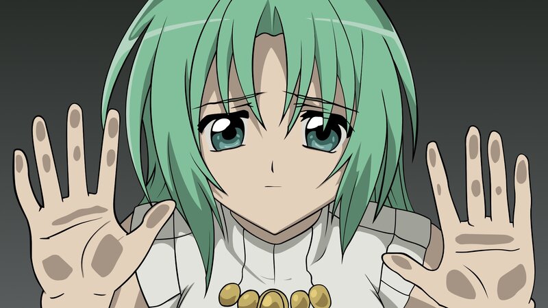 green-haired anime character with hands up