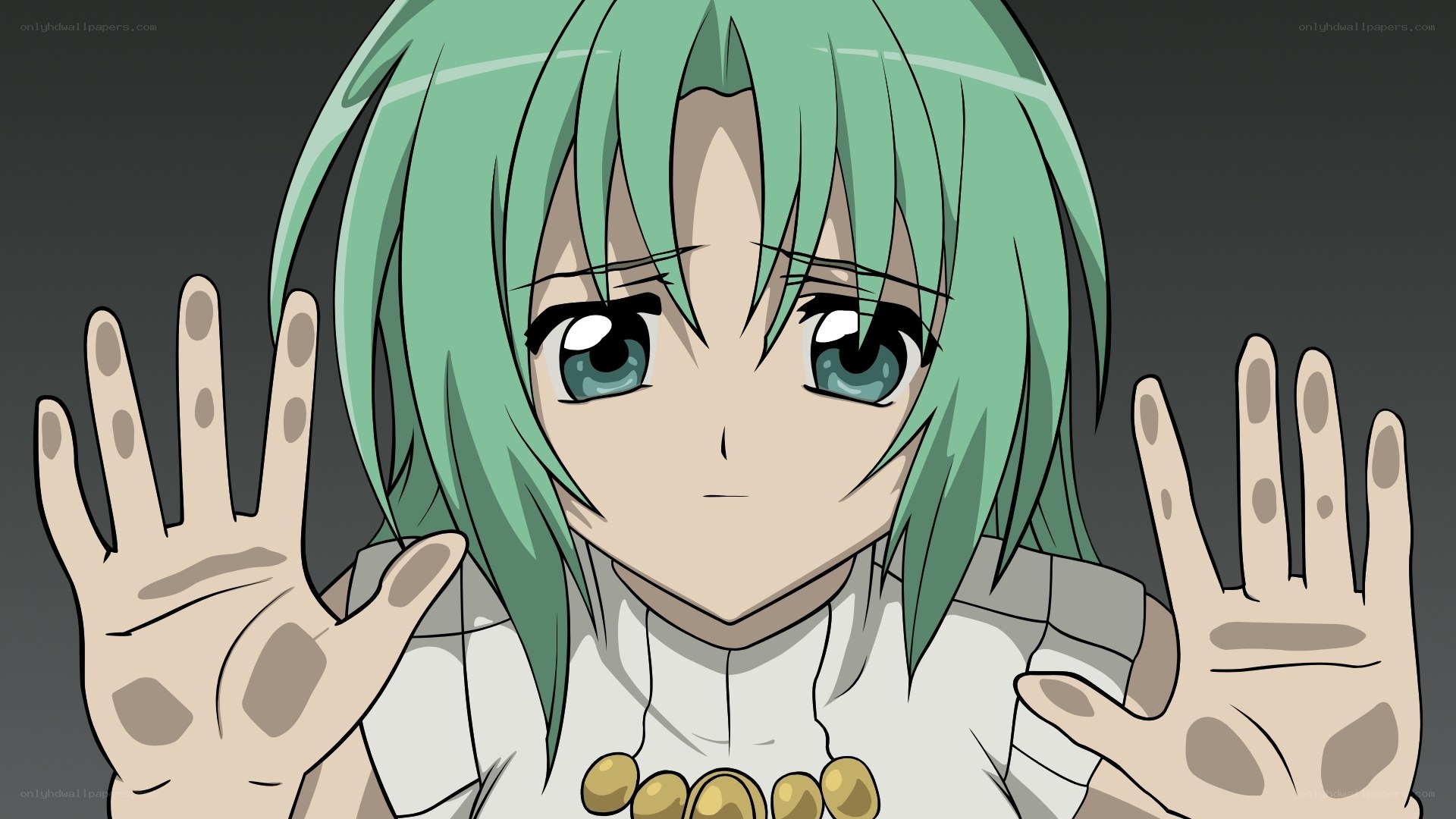 green-haired anime character with hands up