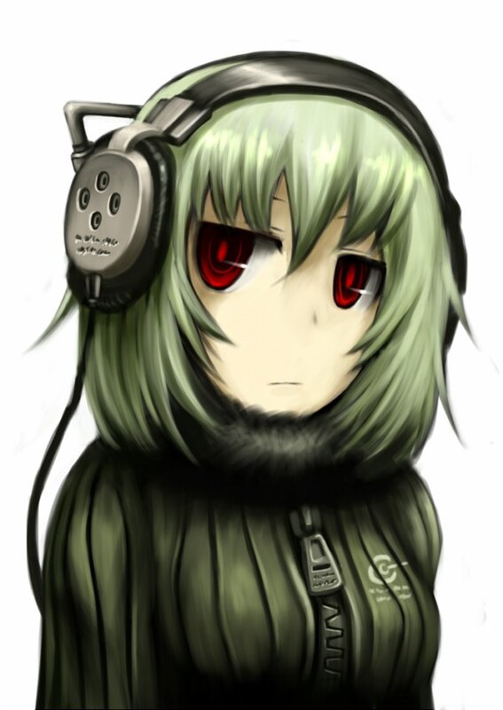 green-haired anime character with headphones