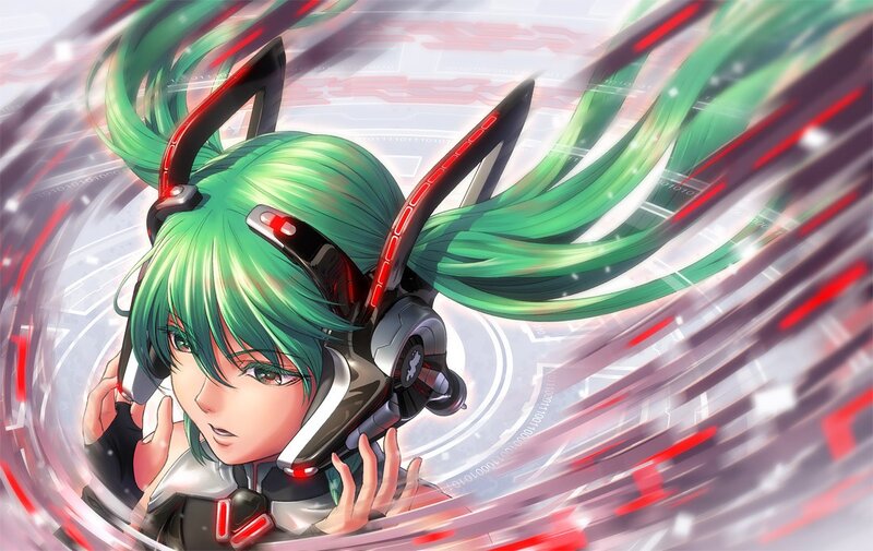 green-haired anime character with headphones