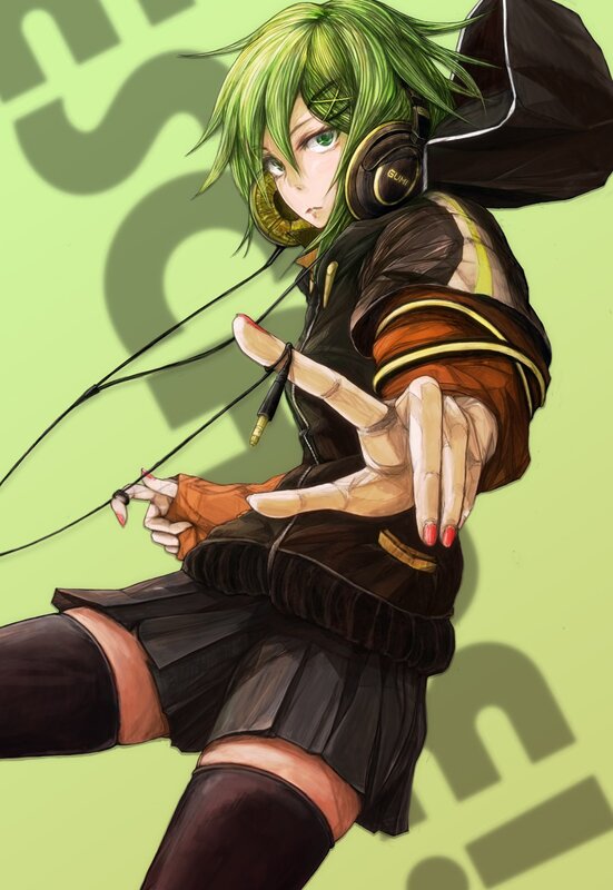 green-haired anime character with headphones