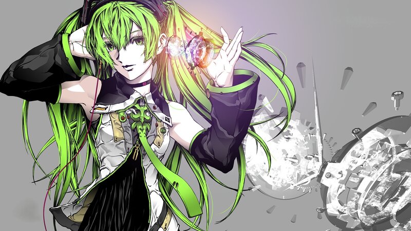 green-haired anime character with headphones