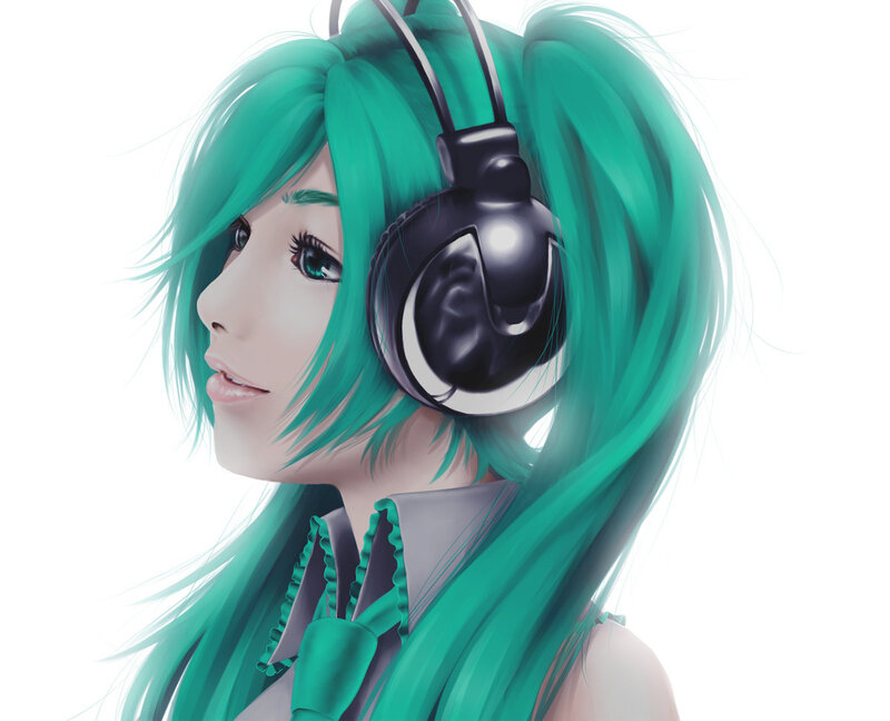 green-haired anime character with headphones