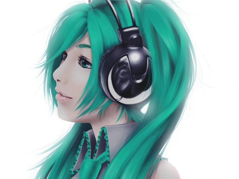 green-haired anime character with headphones