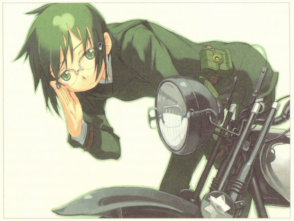 green-haired anime character with motorcycle