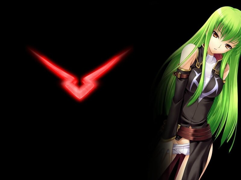 green-haired anime character with red symbol