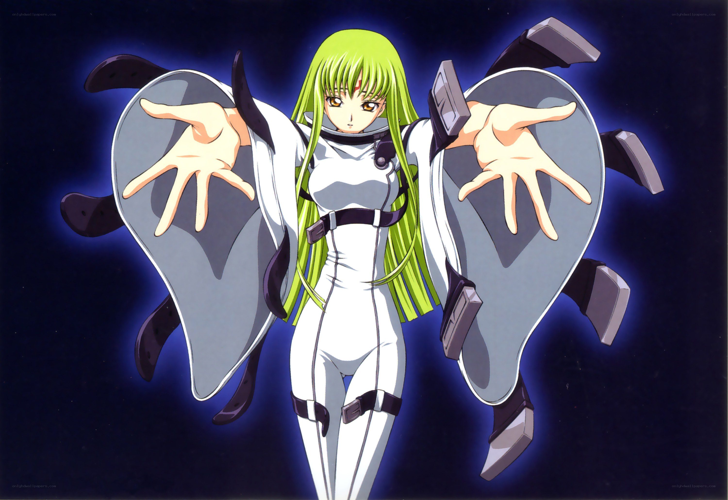 green-haired anime character with shields