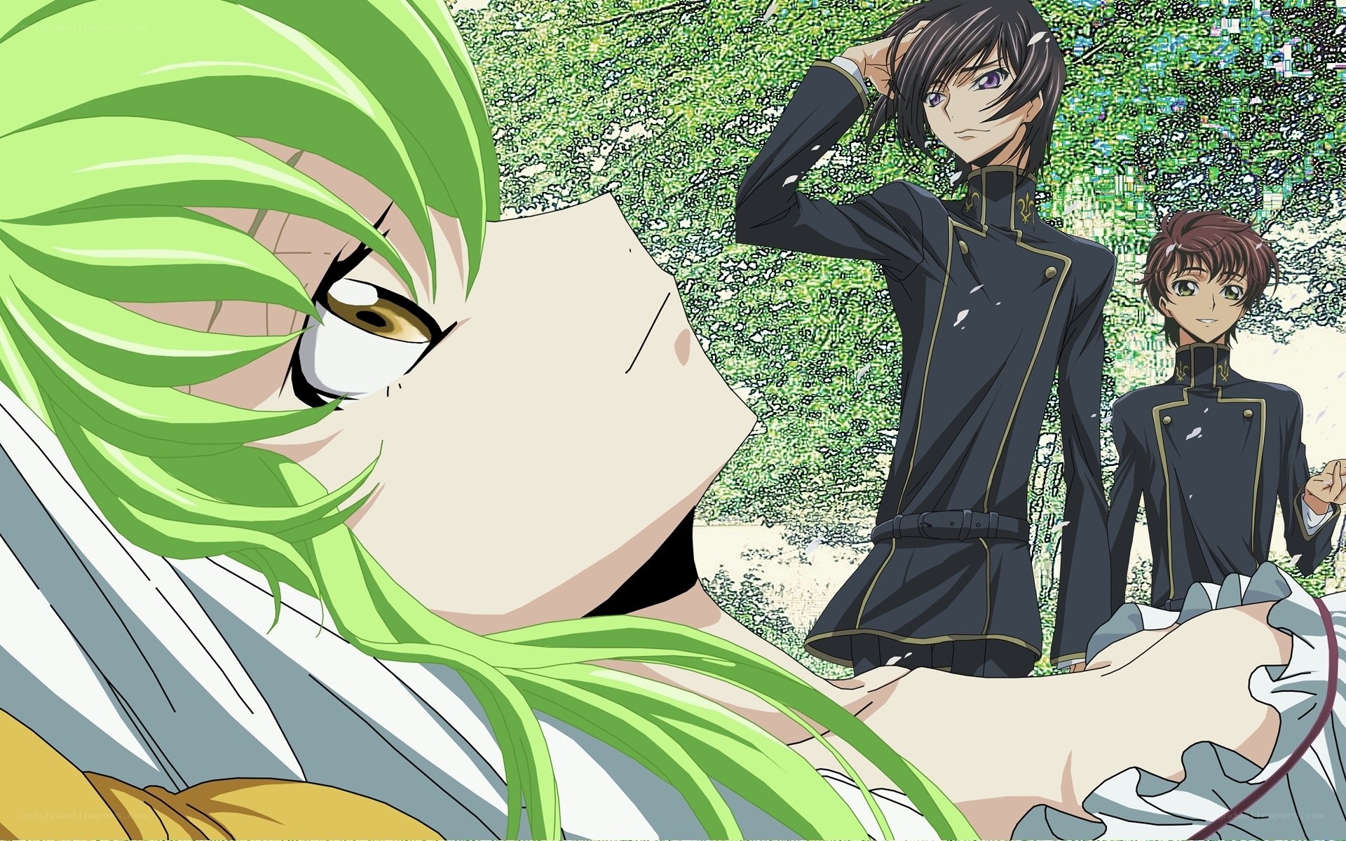 green-haired anime character with two others
