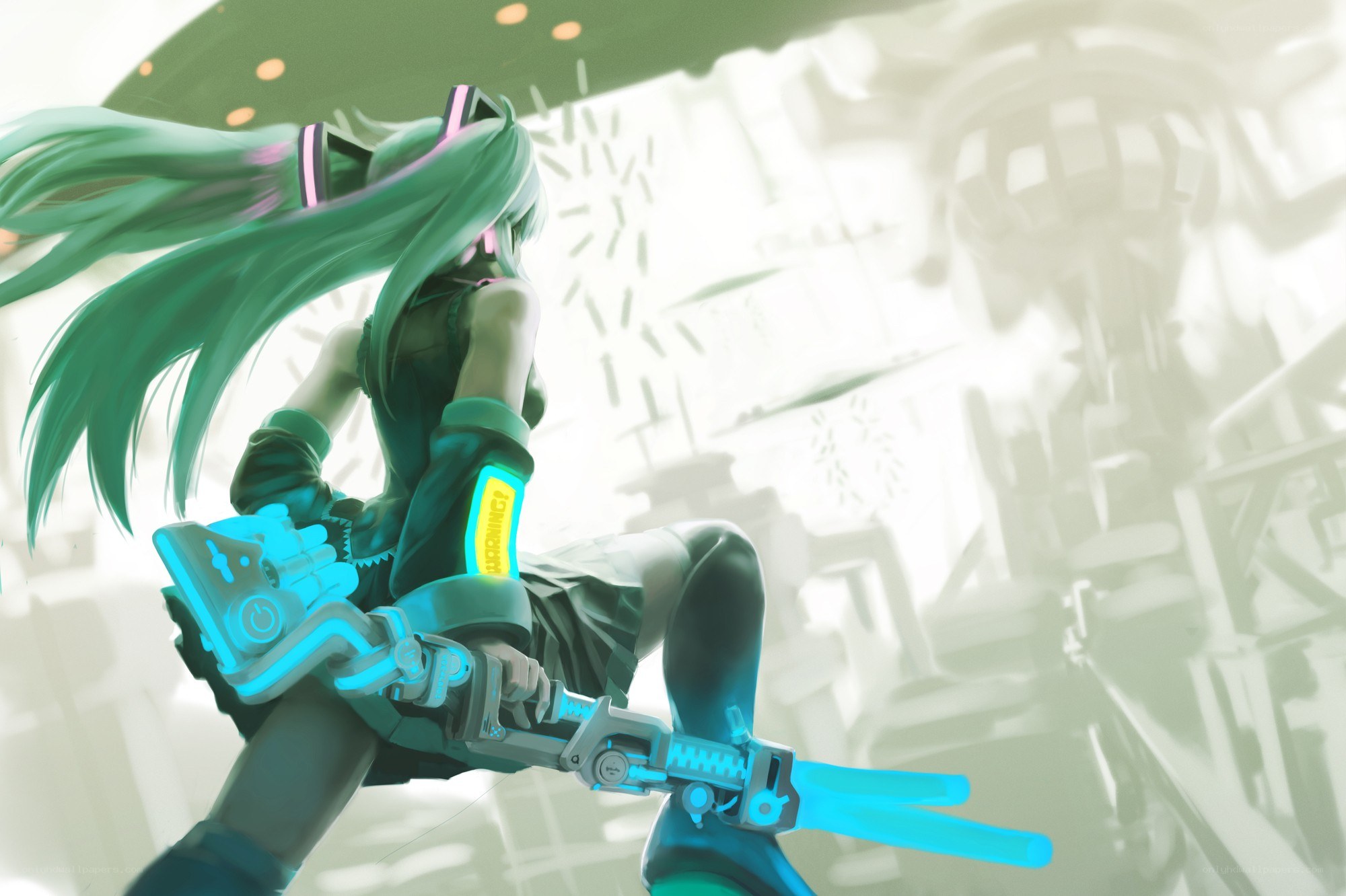 green-haired anime character with weapon
