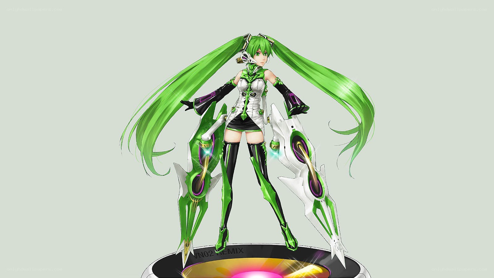 green-haired anime character with weapons