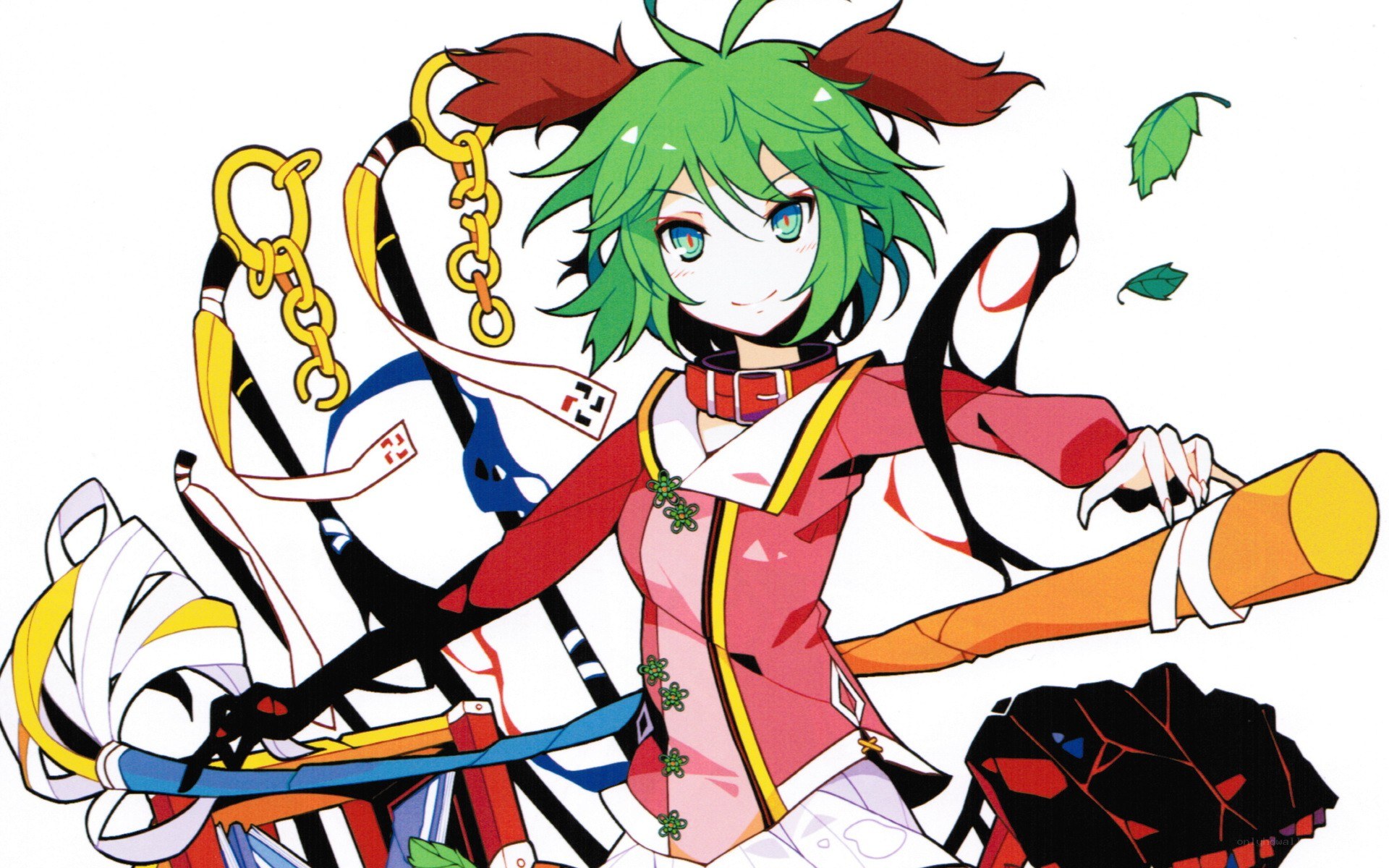 green-haired anime character with weapons