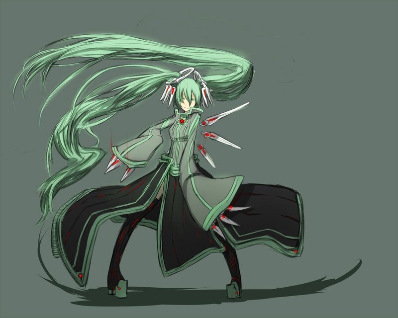 green-haired anime character with weapons