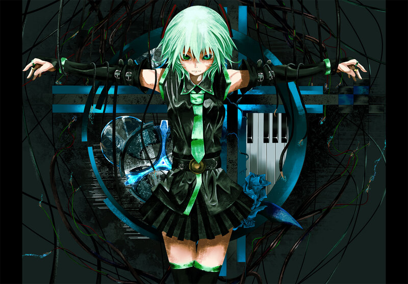 green-haired anime character with wires