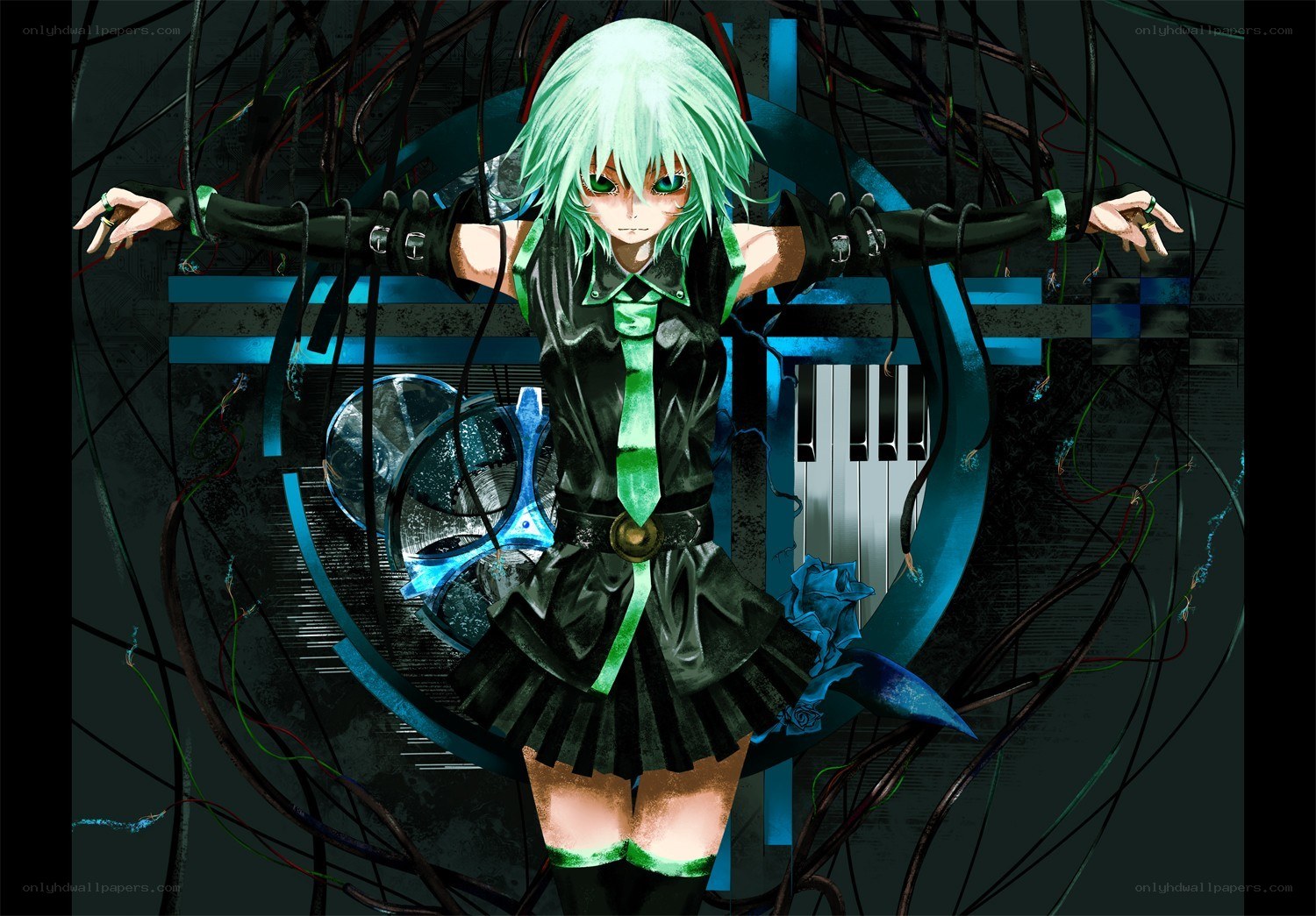 green-haired anime character with wires