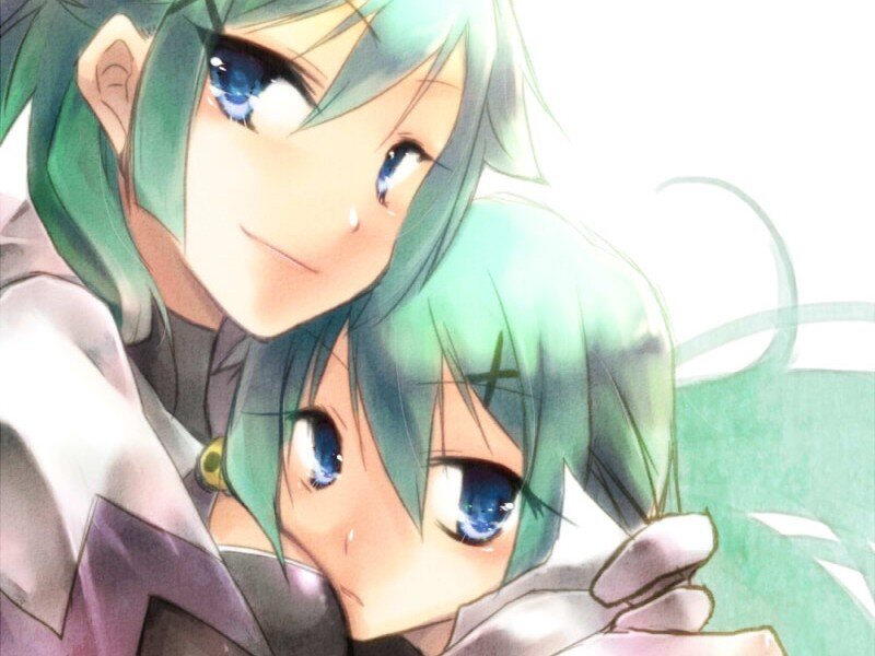 green-haired anime characters hugging