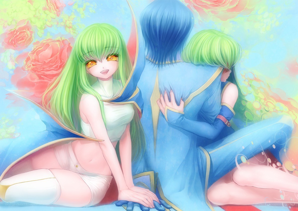 Green-haired anime characters in blue robes