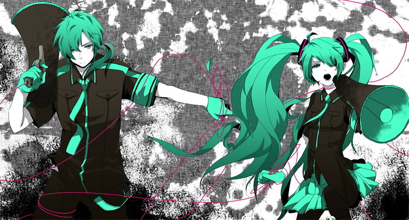 Green-haired anime duo with megaphones