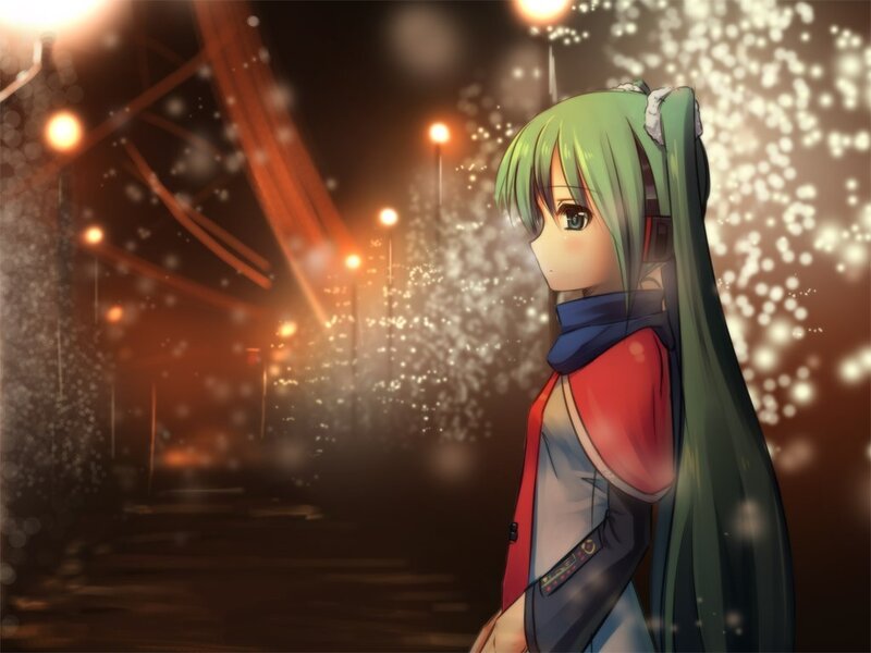 green-haired anime girl at night